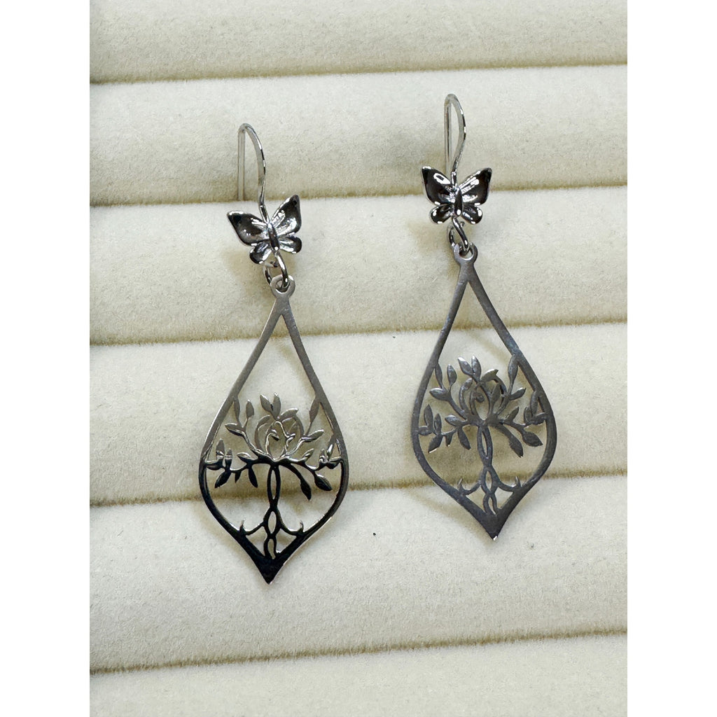 New Stainless Steel Tree of Life Dangle Earrings 1.75" Floral Cut Out E604