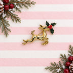 Vintage Reindeer Brooch Gold Tone Holly Enamel Christmas Pin Missing Eye CP263