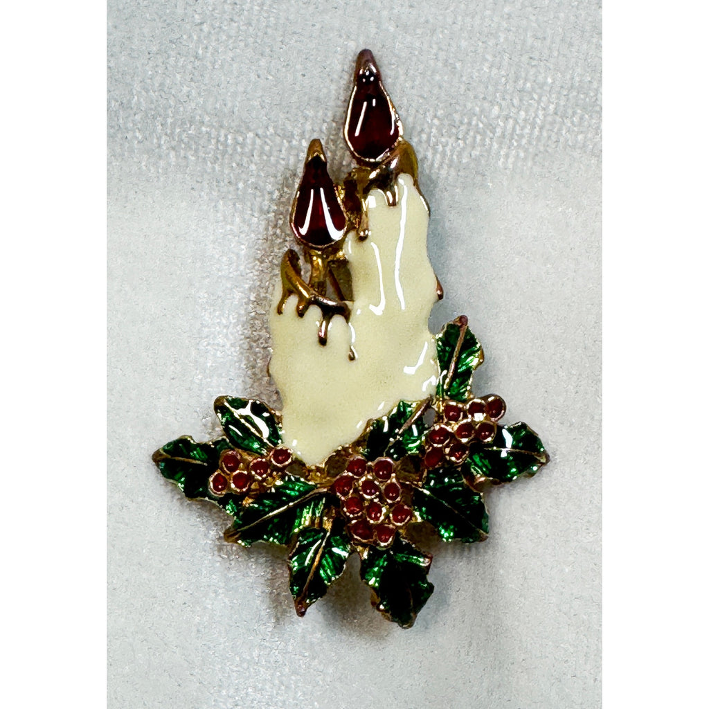 Vintage Enamel Christmas Candle Brooch Pin Holly Berries Holiday Jewelry CP185