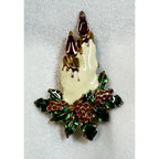 Vintage Enamel Christmas Candle Brooch Pin Holly Berries Holiday Jewelry CP185
