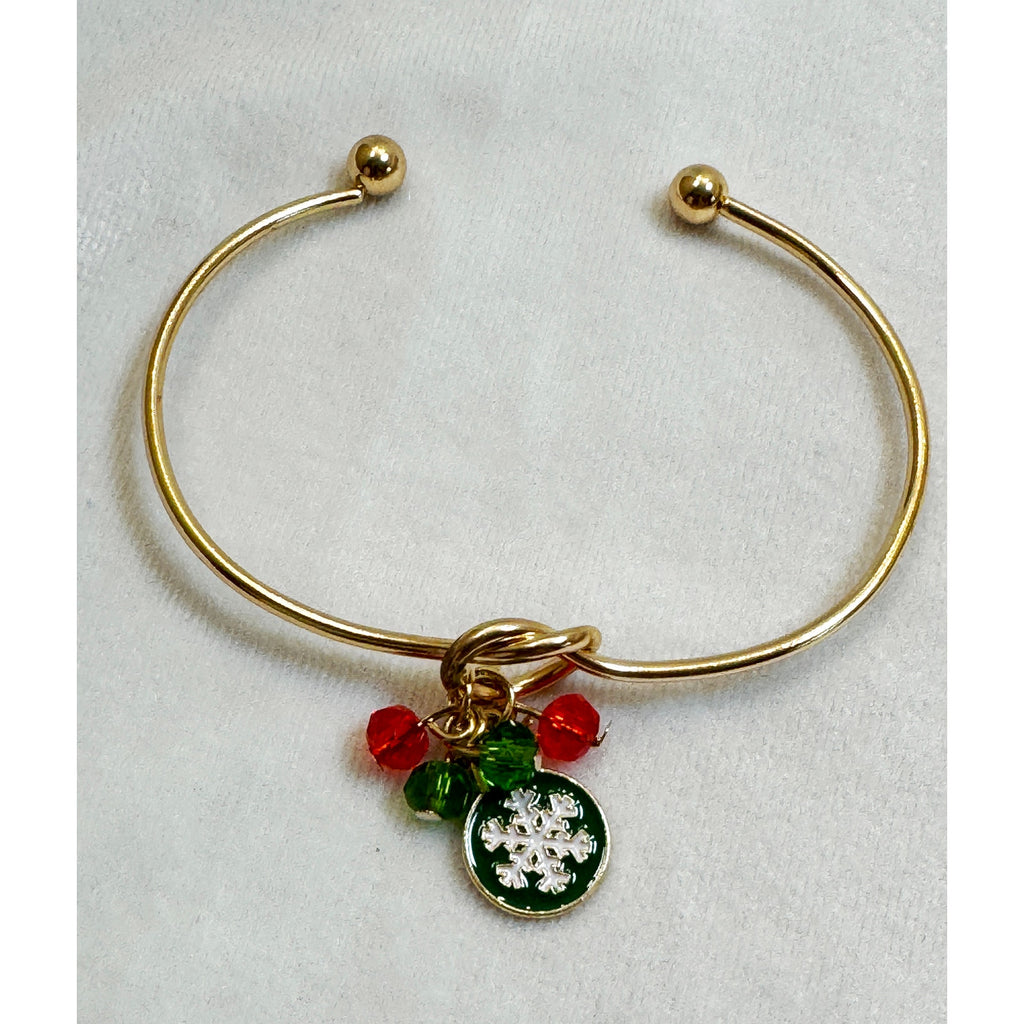 Christmas Snowflake Charm Gold Cuff Bracelet Holiday Bangle Red Green Beads B068