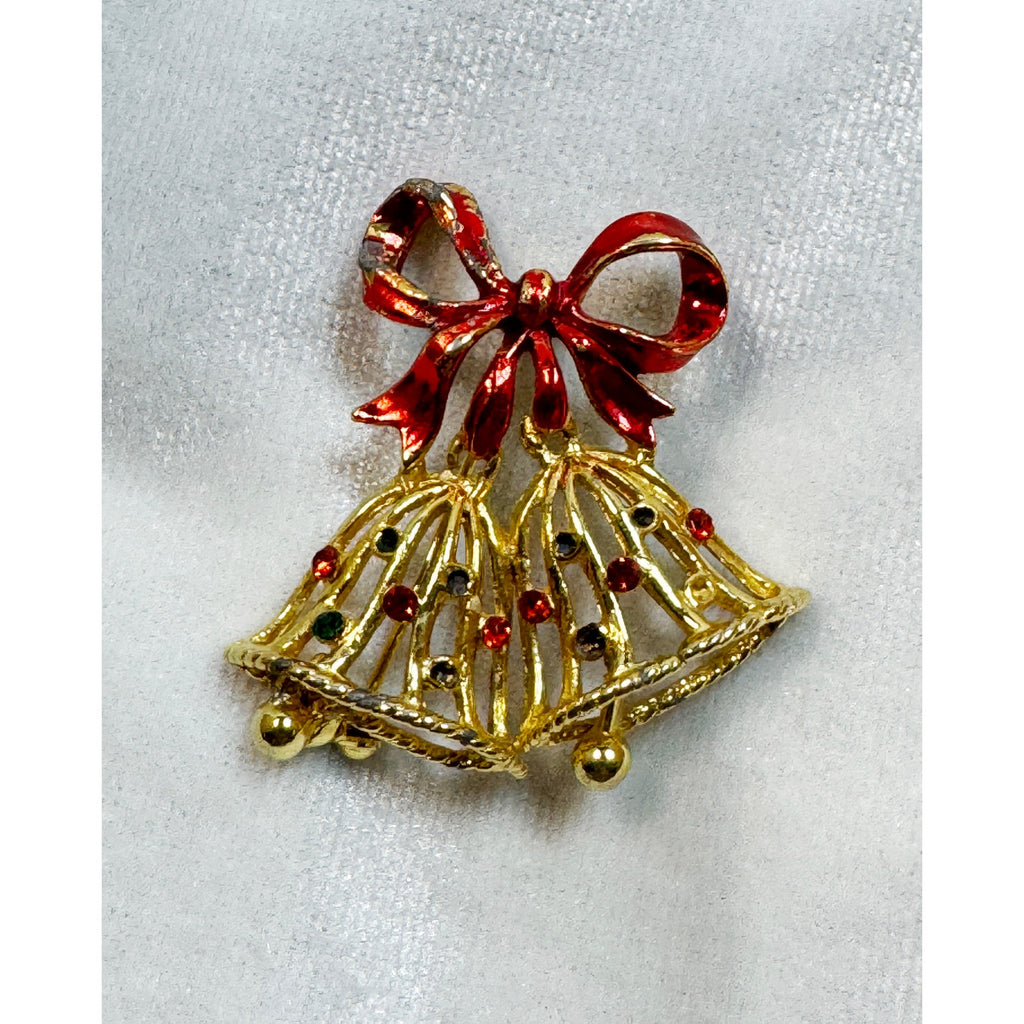 Vintage Christmas Bell Brooch Pin Red Bow Gold Tone Rhinestone Holiday CP194