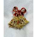 Vintage Christmas Bell Brooch Pin Red Bow Gold Tone Rhinestone Holiday CP194