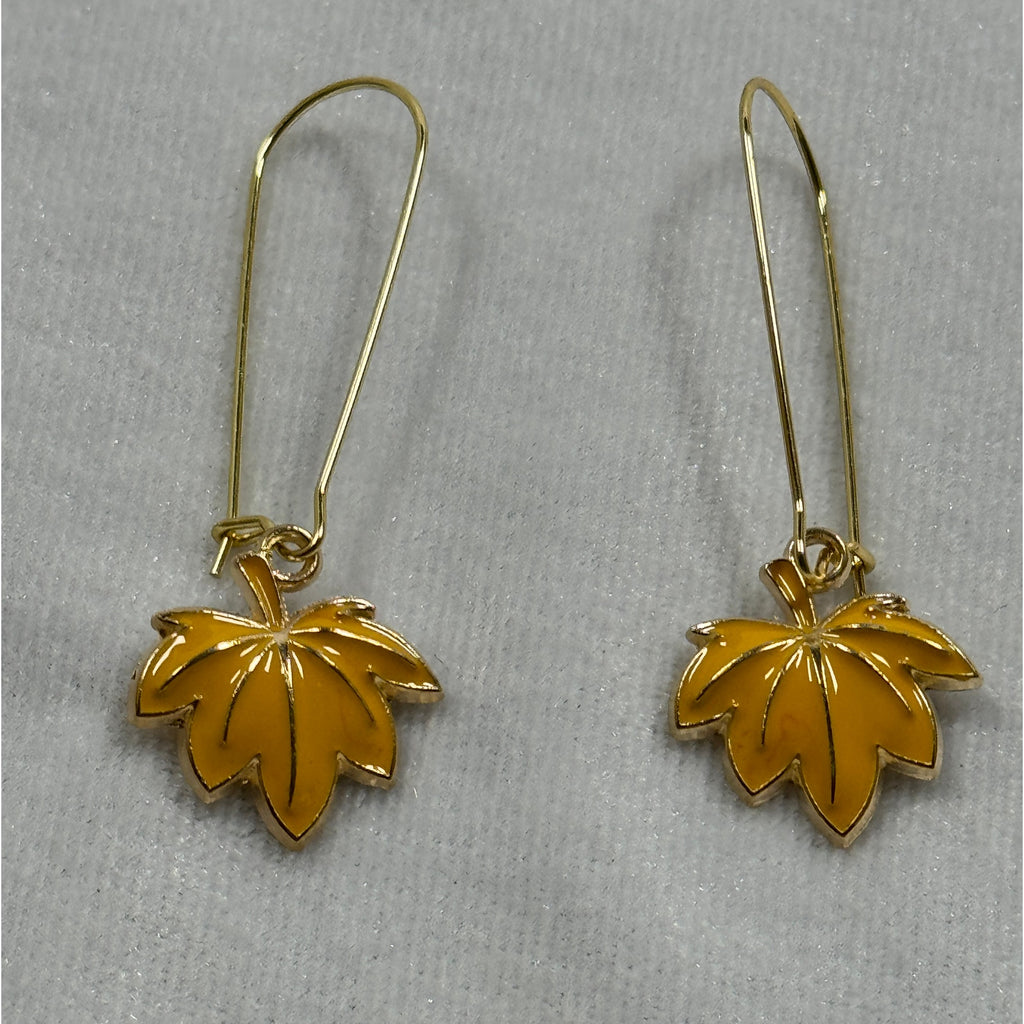 Yellow Maple Leaf Earrings Autumn Fall Dangle Earrings Gold Tone E280