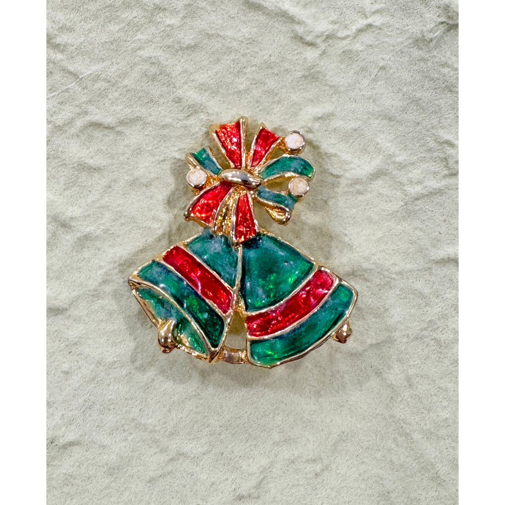 Vintage Enamel Christmas Bells Pin Brooch Red Green Gold Bow Holiday CP22