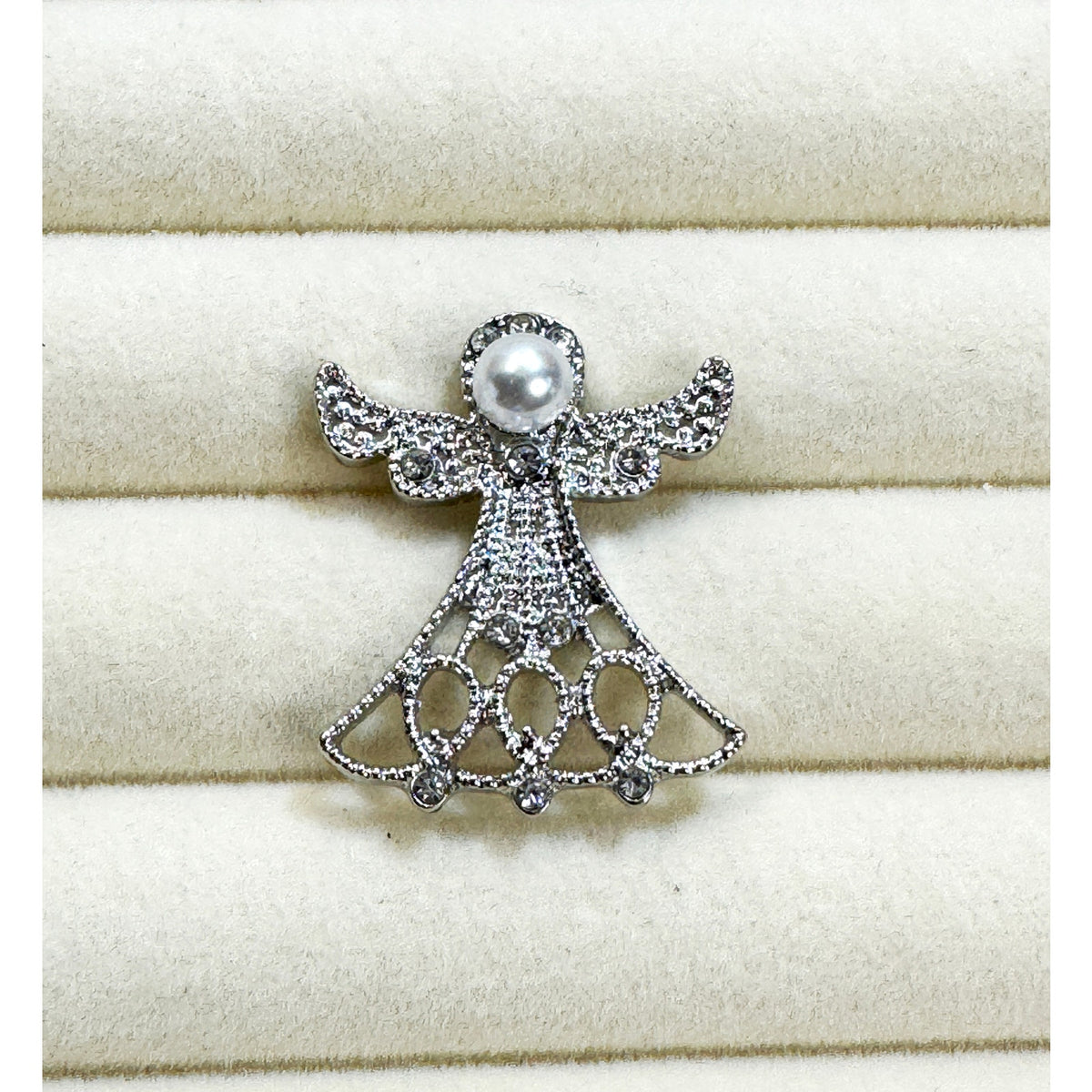 Silver Tone Angel Lapel Pin Brooch Faux Pearl Rhinestone Christmas Holiday CP255