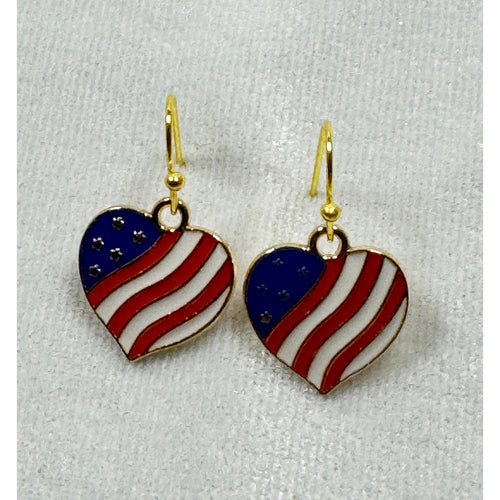 Americana USA Heart Flag Dangle Earrings Patriotic Red White Blue E235