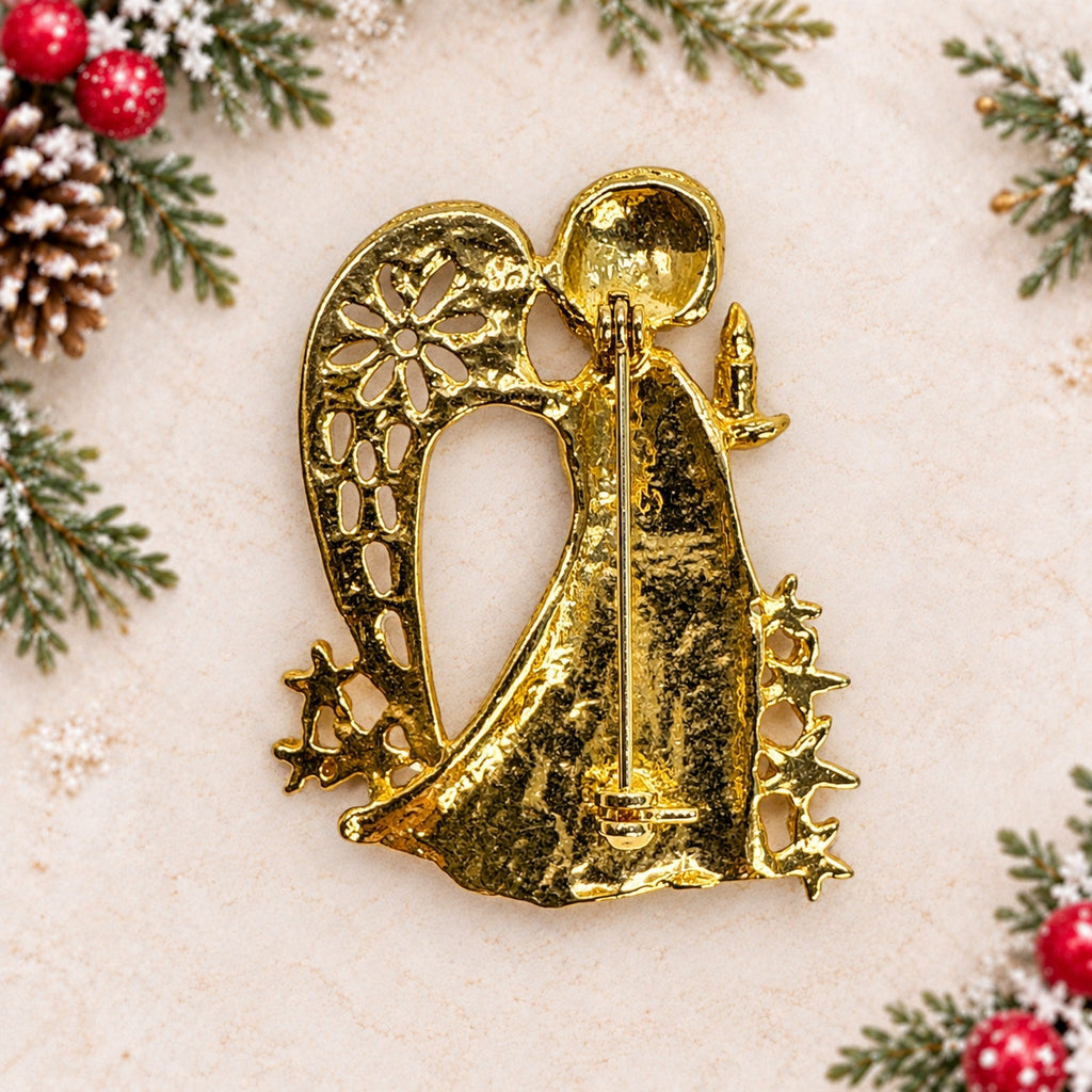 Vintage Christmas Angel Brooch Gold Tone Enamel Rhinestone Candle Pin CP258