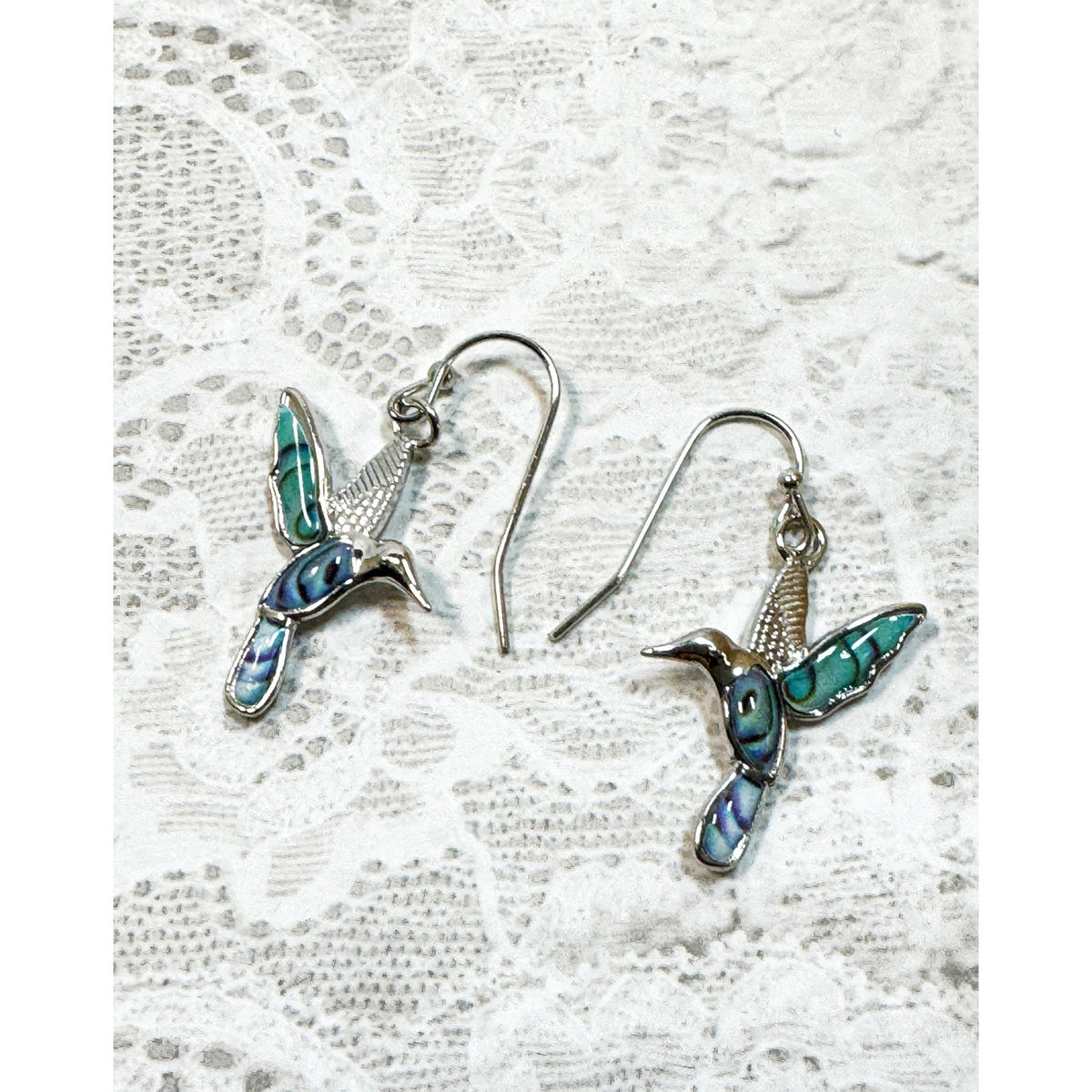 Silver Tone Turquoise Hummingbird Drop Earrings 2 Inch Dangle Bird E295