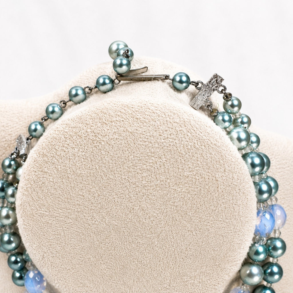 Vintage Teal Pearl Double Strand Necklace Crystal Beads 16-18 Inch N620