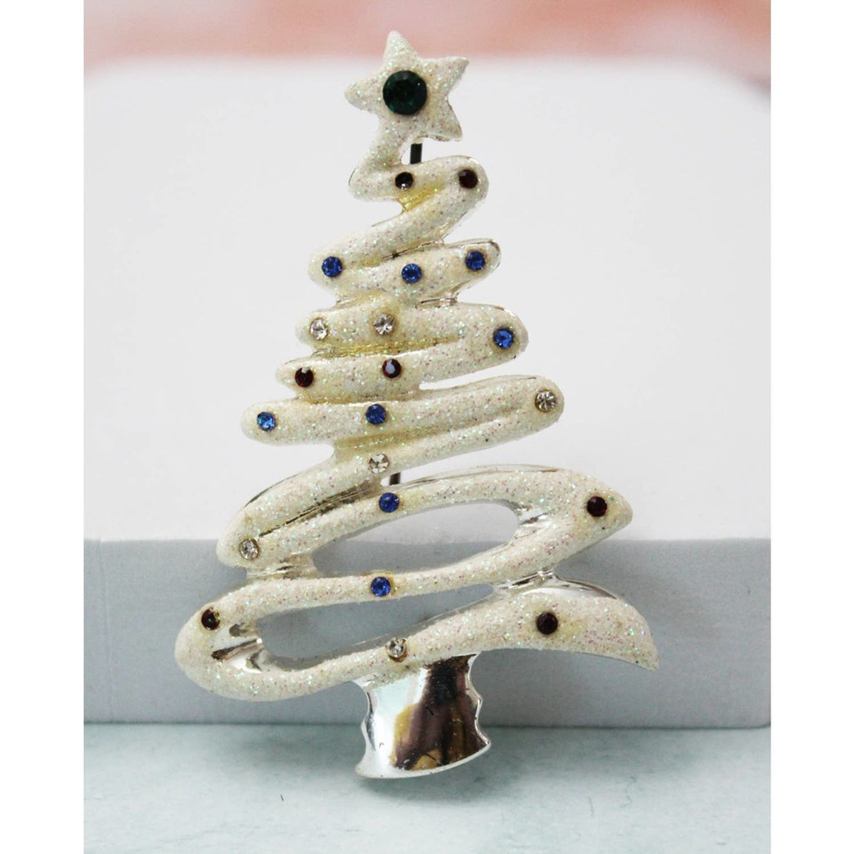 White Glitter and Rhinestones Make This Tree Brooch Look Like Frosting CP77