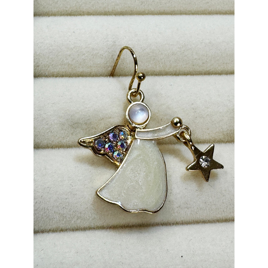 Christmas Angel Dangle Earrings Gold Tone Rhinestone Star White Enamel 1" E467