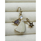Christmas Angel Dangle Earrings Gold Tone Rhinestone Star White Enamel 1" E467