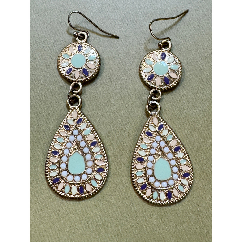 Vintage Enamel Teardrop Dangle Earrings Pastel Blue Pink Gold Boho 2.75" E506
