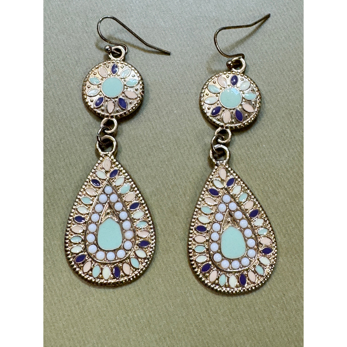 Vintage Enamel Teardrop Dangle Earrings Pastel Blue Pink Gold Boho 2.75" E506