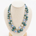 Vintage Teal Pearl Double Strand Necklace Crystal Beads 16-18 Inch N620