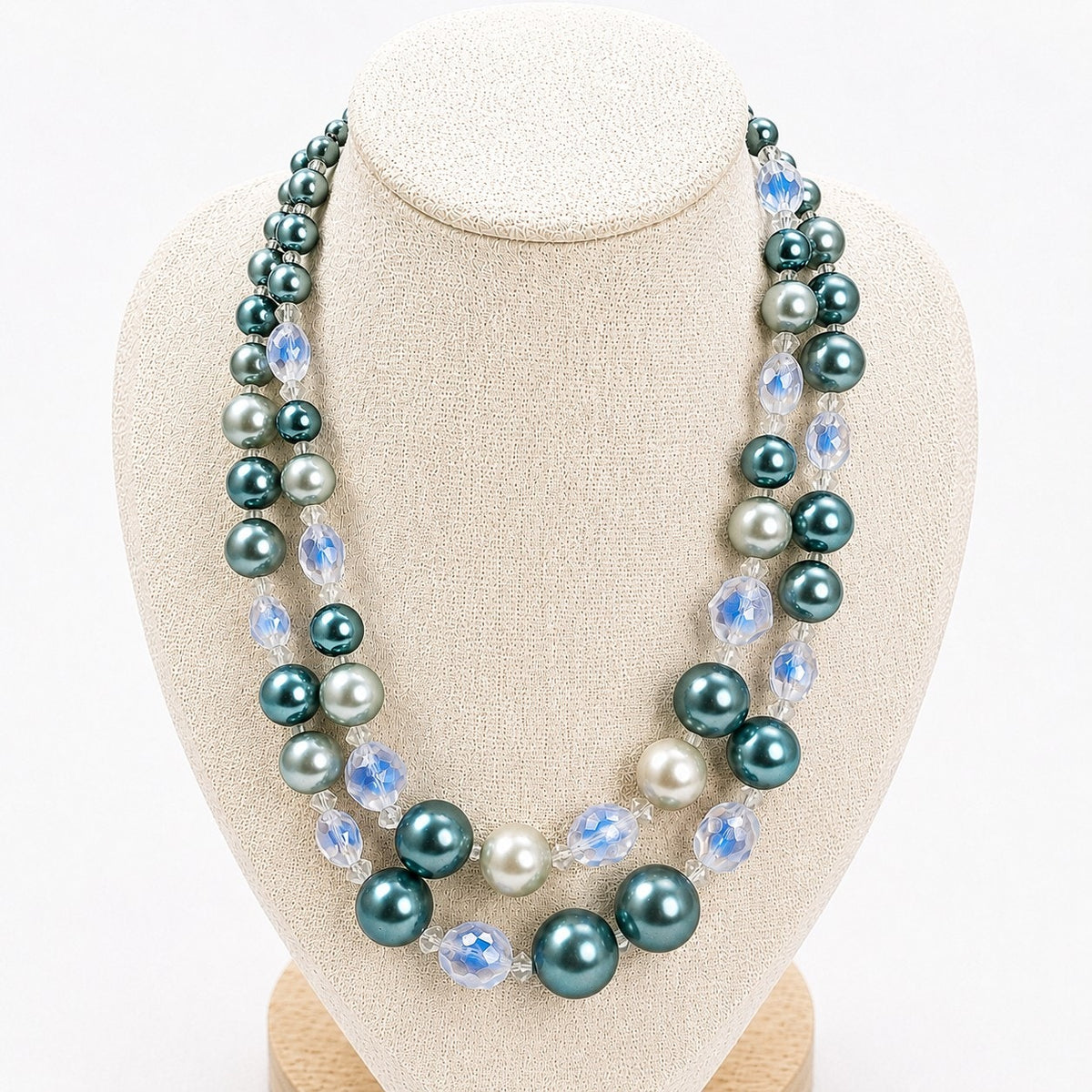 Vintage Teal Pearl Double Strand Necklace Crystal Beads 16-18 Inch N620