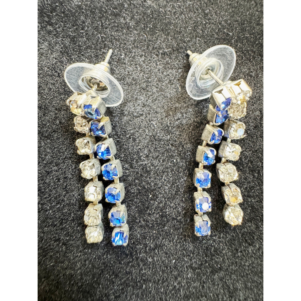 Vintage Blue & Clear Rhinestone Dangle Post Earrings Silver Tone 1" Drop  E498
