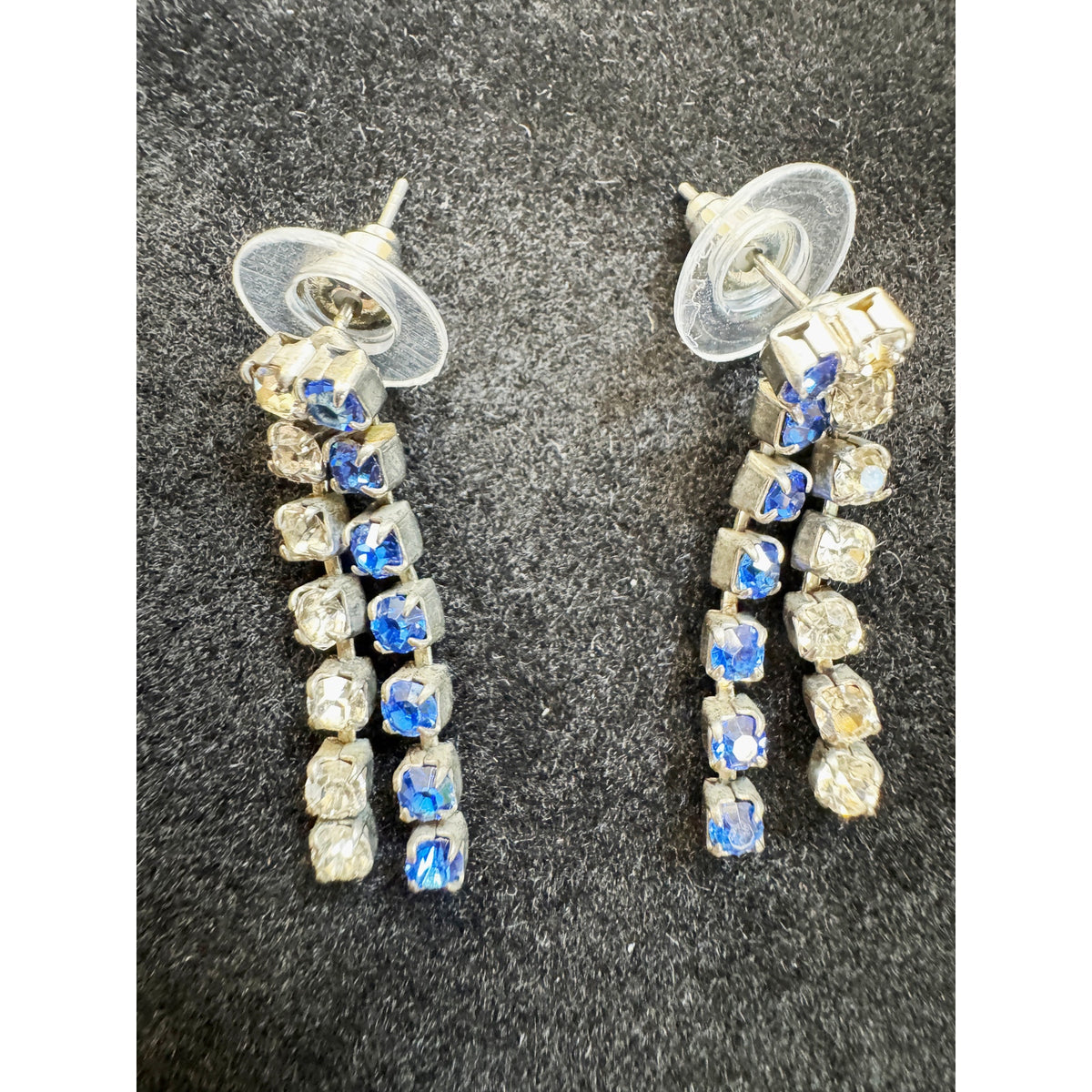 Vintage Blue & Clear Rhinestone Dangle Post Earrings Silver Tone 1" Drop  E498