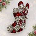 Red Enamel Christmas Stocking Brooch Rhinestone Silver Tone Holiday Pin CP172
