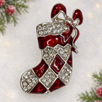 Red Enamel Christmas Stocking Brooch Rhinestone Silver Tone Holiday Pin CP172