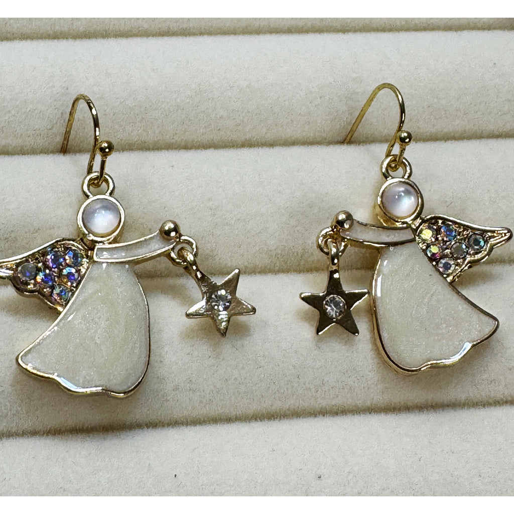Christmas Angel Dangle Earrings Gold Tone Rhinestone Star White Enamel 1" E467