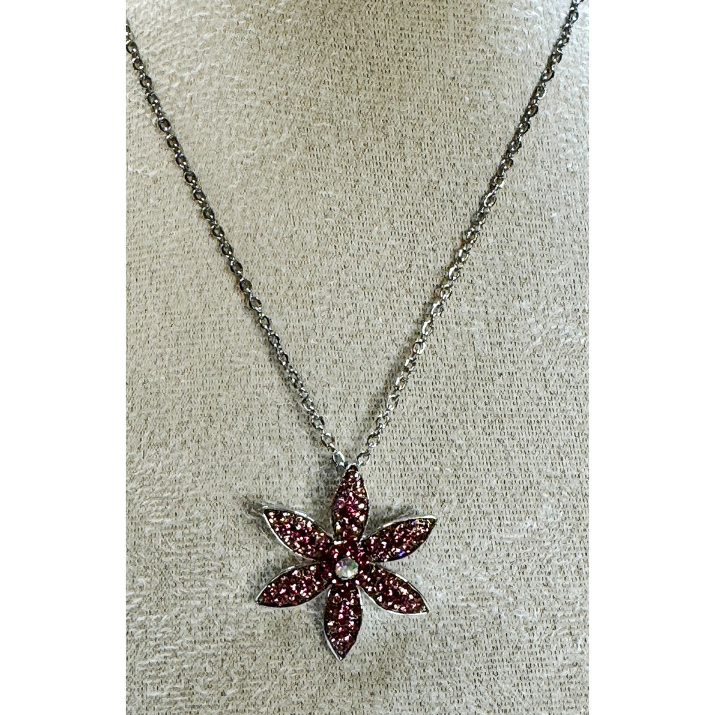 Vintage Pink Rhinestone Flower Pendant Necklace Silver Tone Floral Jewelry N457
