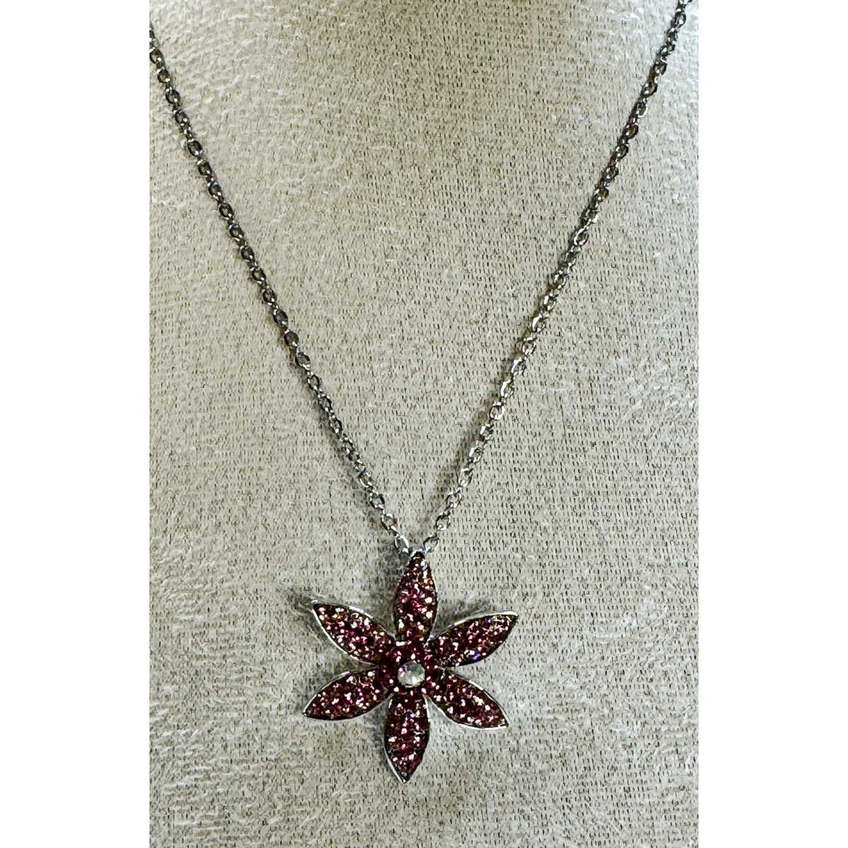 Vintage Pink Rhinestone Flower Pendant Necklace Silver Tone Floral Jewelry N457