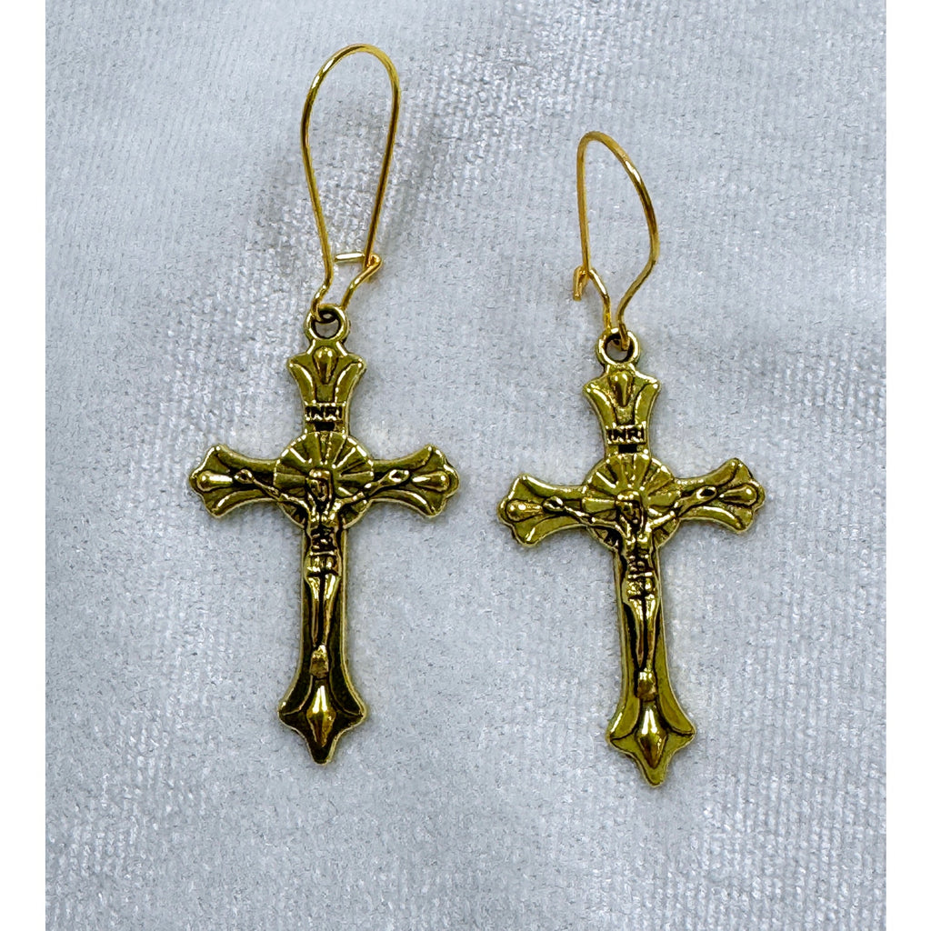 Fashion Gold Crucifix Cross Dangle Earrings Christian  1.75 Inches Long E271