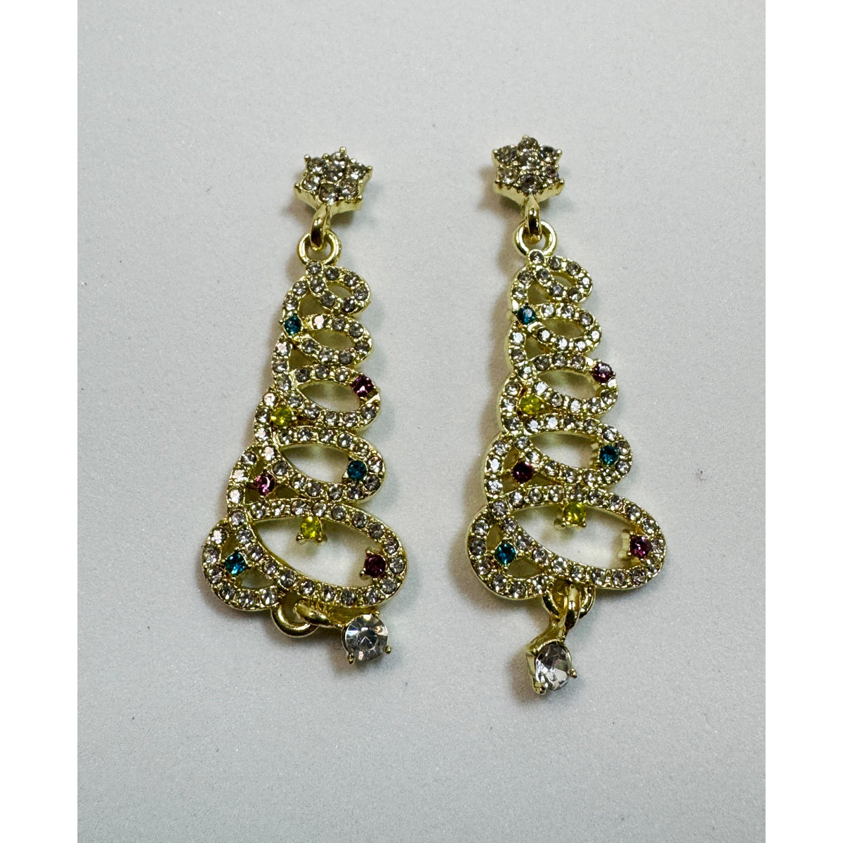 Gold Tone Rhinestone Christmas Tree Earrings Colorful Crystal Holiday Posts E311