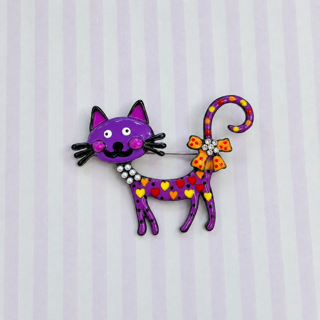 New Whimsical Purple & Multi-Color Enamel Cat Brooch Pin  Costume Jewelry CP166