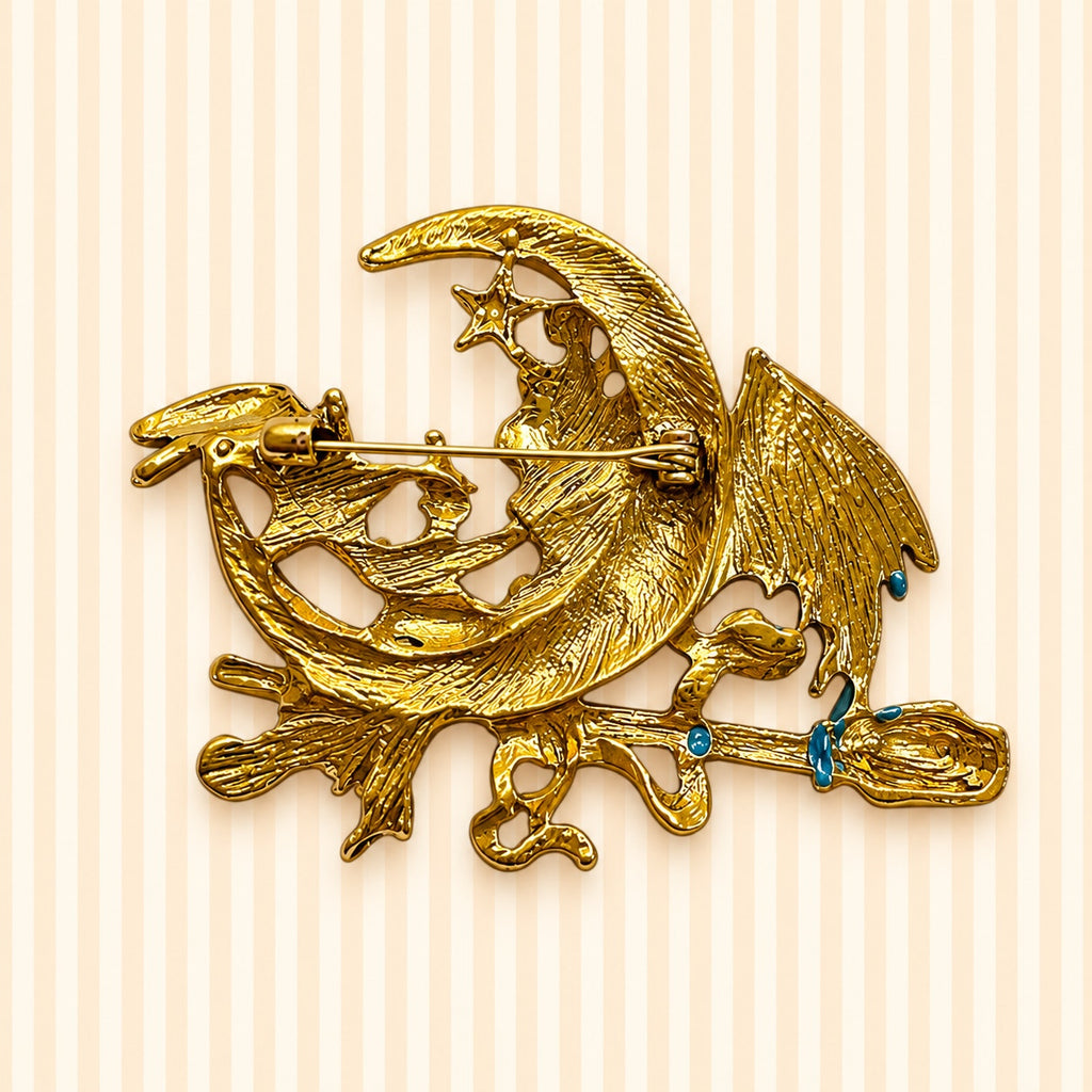 Halloween Witch Brooch Rhinestone Enamel Moon Broom Gold Tone Large Pin CP206