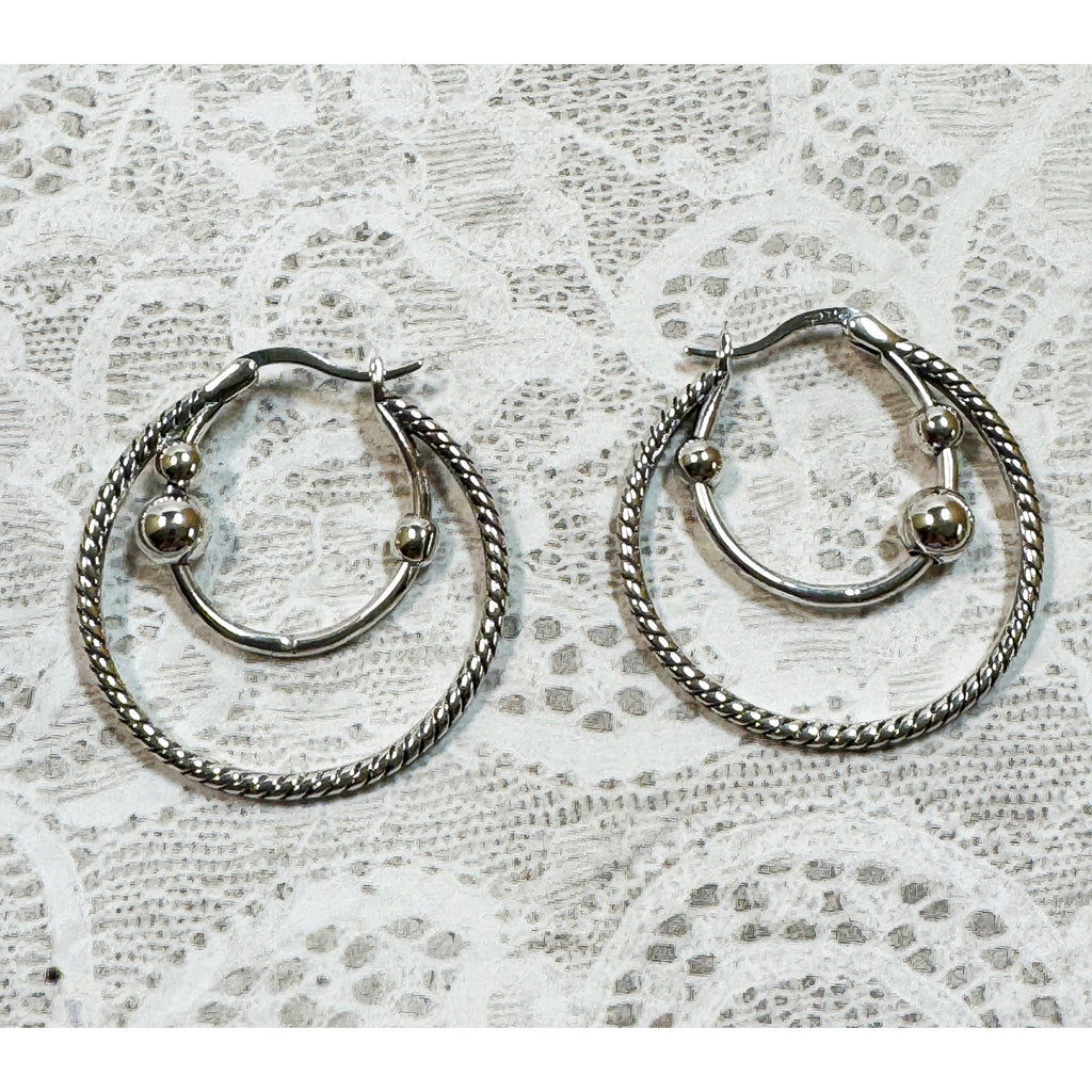 Silver Tone Double Hoop Earrings 1 Inch Twisted Textured Circle Hoops E298