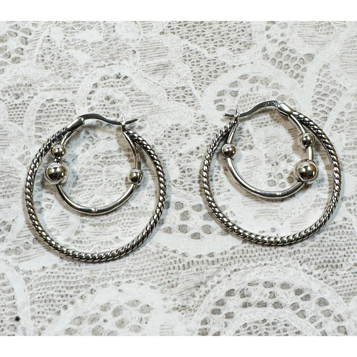 Silver Tone Double Hoop Earrings 1 Inch Twisted Textured Circle Hoops E298