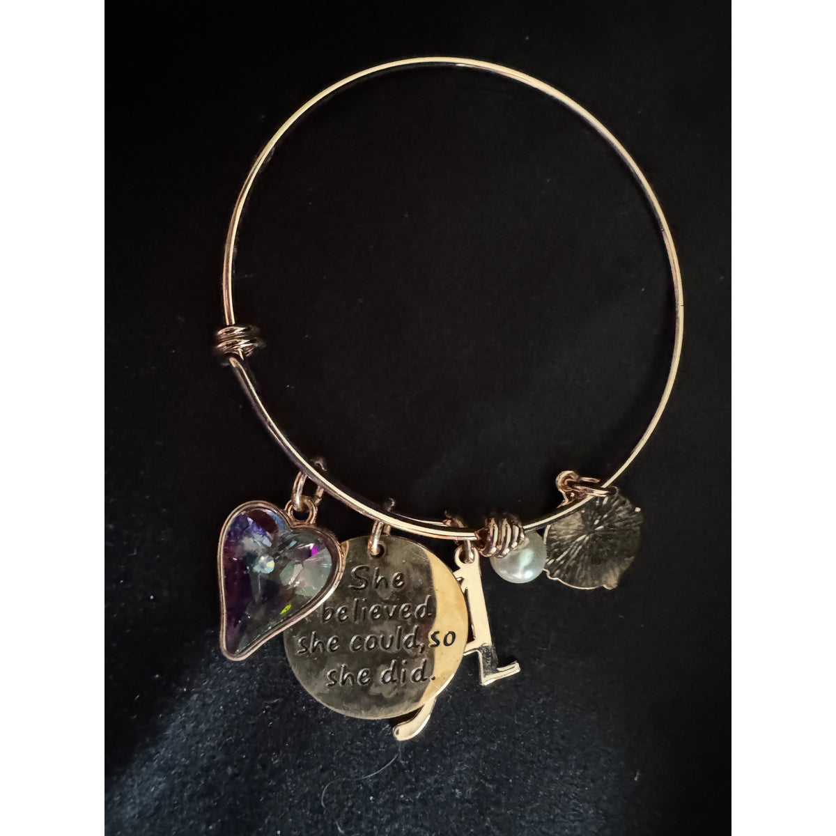 Rose Gold Charm Bangle Bracelet “A” Initial She Believed She Could Quote B048
