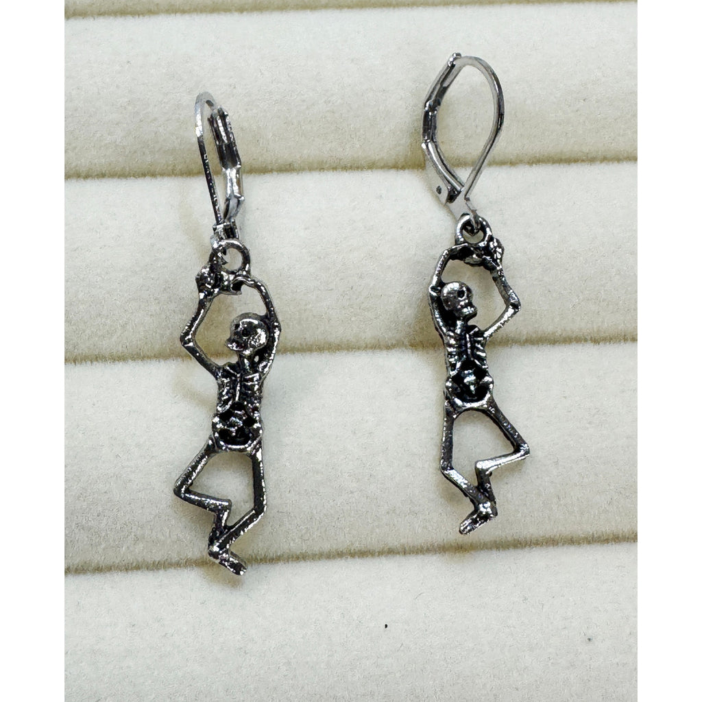 Halloween Skeleton Dangle Earrings Silver Tone Leverback Gothic Spooky 1.5" E491