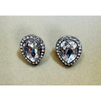 Vintage Clear Rhinestone Clip-On Earrings Silver Tone Teardrop Statement 1" E497
