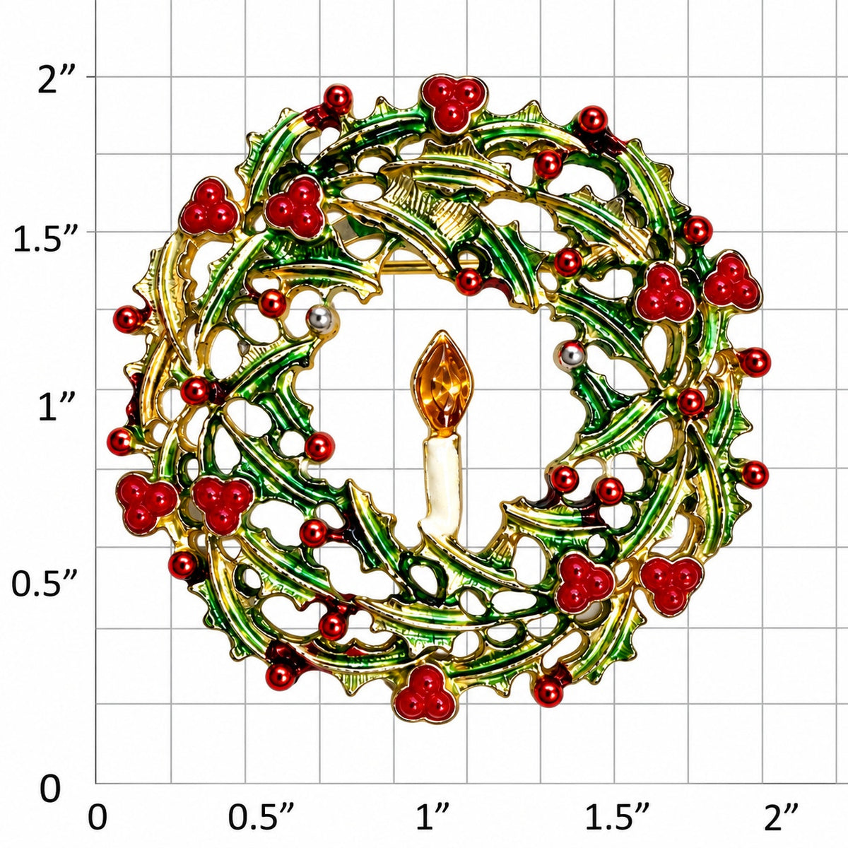Vintage Holly Wreath Brooch Candle Green Enamel Christmas Gold Tone Pin CP262