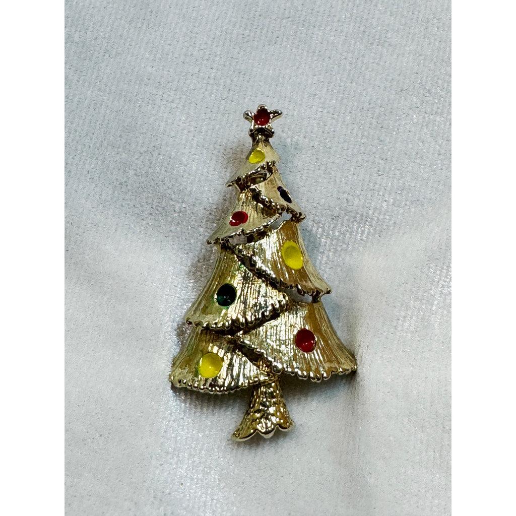 Vintage Christmas Tree Brooch Pin Gold Tone Enamel Holiday Jewelry 2 Inch CP191