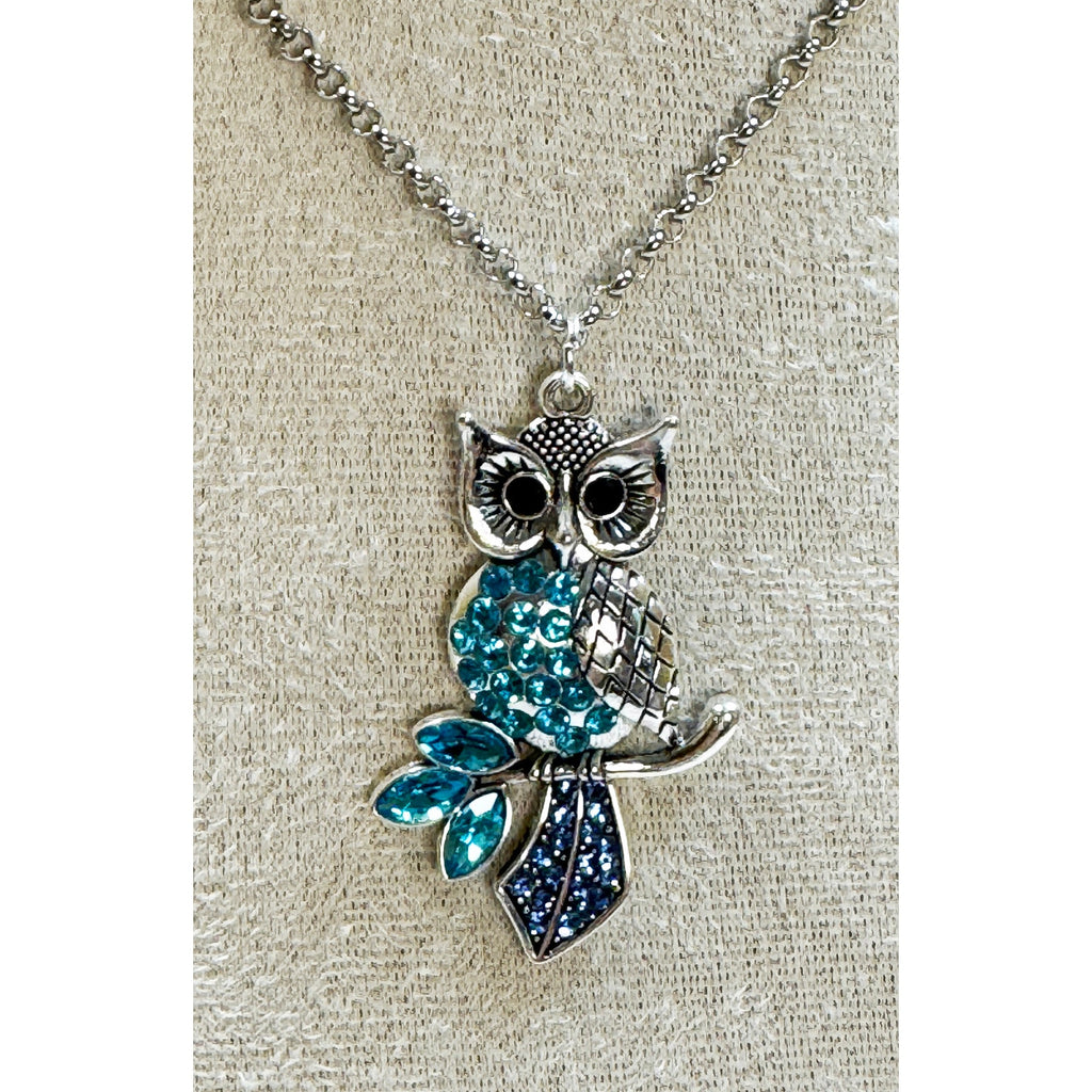Silver Owl Pendant Necklace Blue Rhinestones Crystal Owl Necklace 2" N469