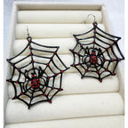Halloween Spider Web Earrings Black Red Rhinestone Spider Gothic 2" x 2" E493