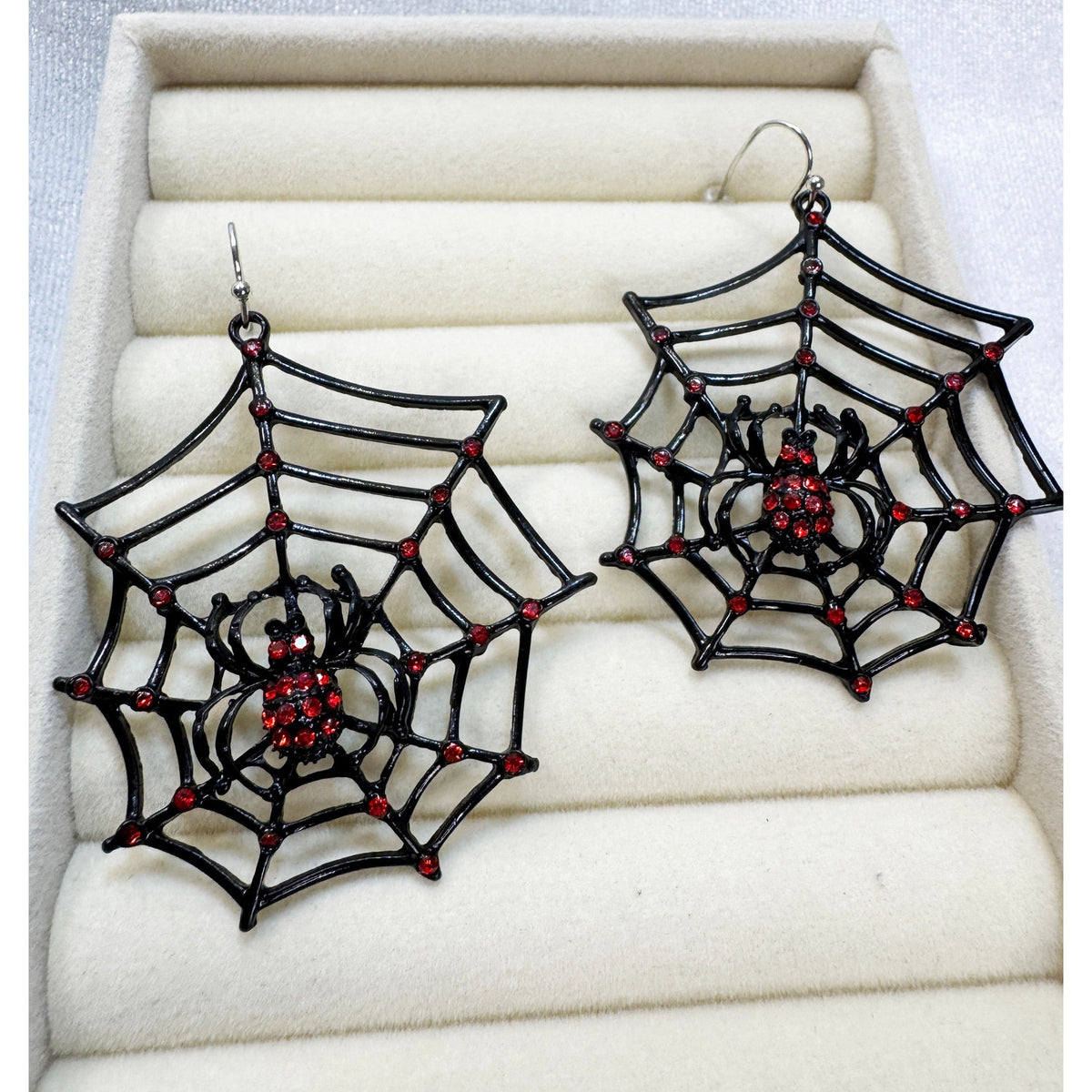 Halloween Spider Web Earrings Black Red Rhinestone Spider Gothic 2" x 2" E493