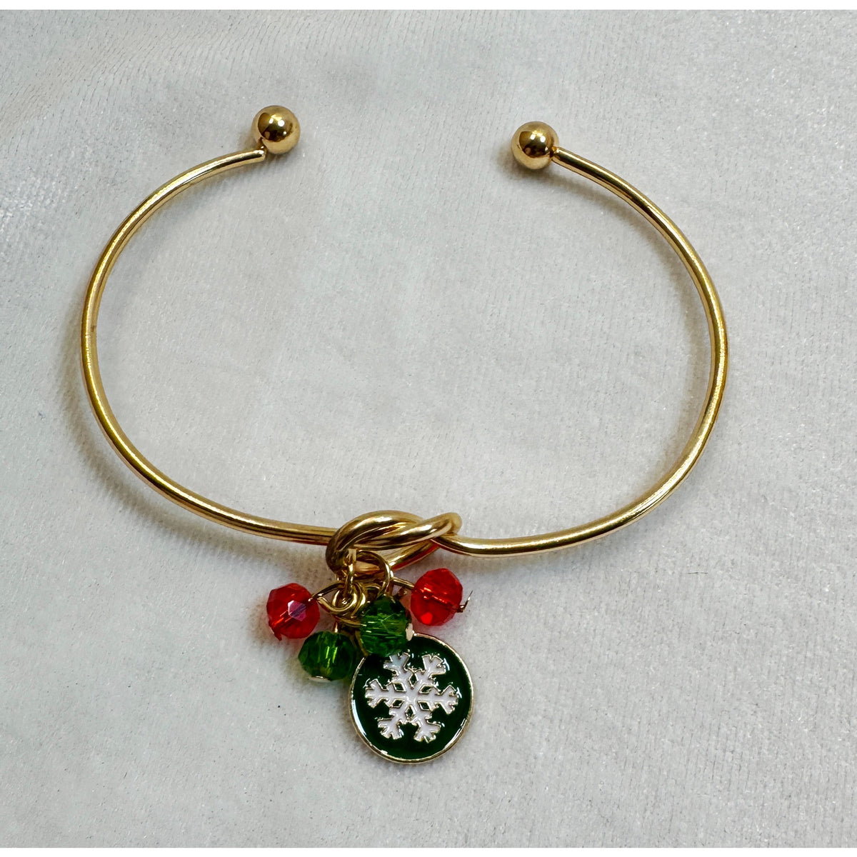 Christmas Snowflake Charm Gold Cuff Bracelet Holiday Bangle Red Green Beads B068