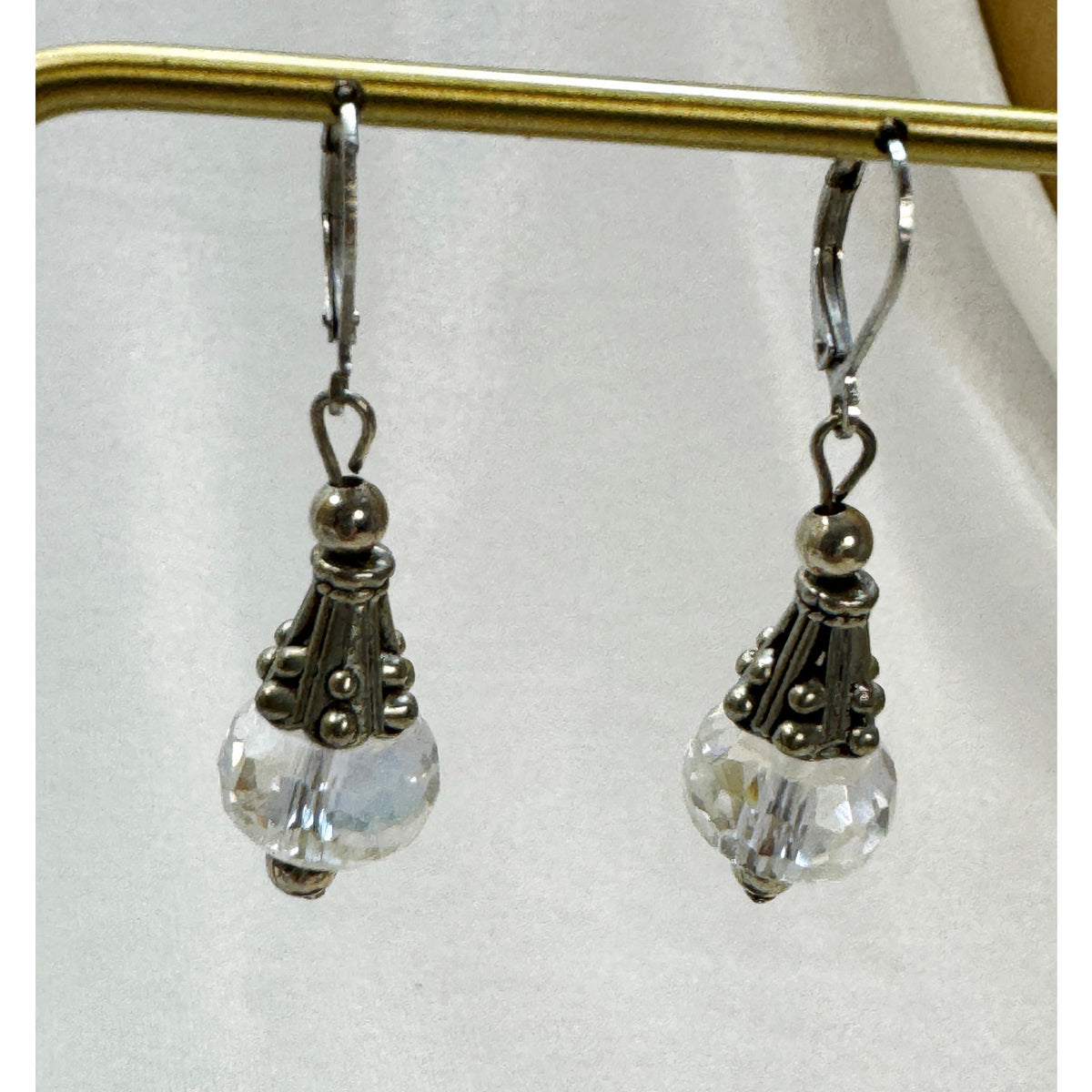 Crystal Bead Leverback Dangle Earrings Silver 1.5 Inch Pre-Loved E609