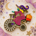 Halloween Witch Bicycle Brooch Rhinestone Enamel Pumpkin Gold Tone Pin CP213