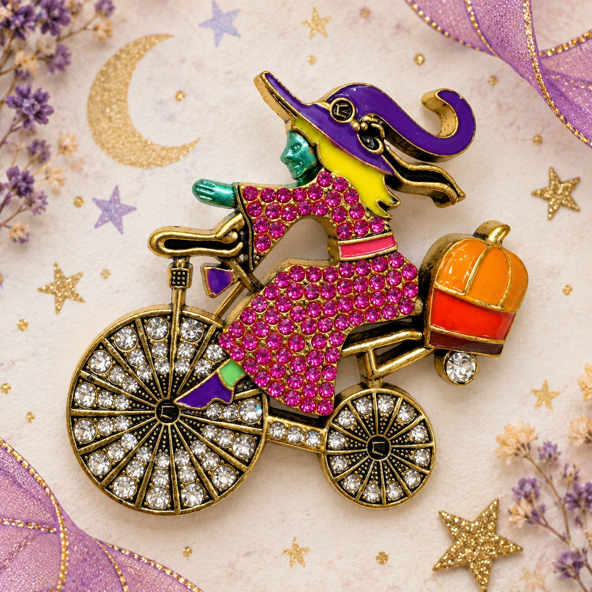 Halloween Witch Bicycle Brooch Rhinestone Enamel Pumpkin Gold Tone Pin CP213