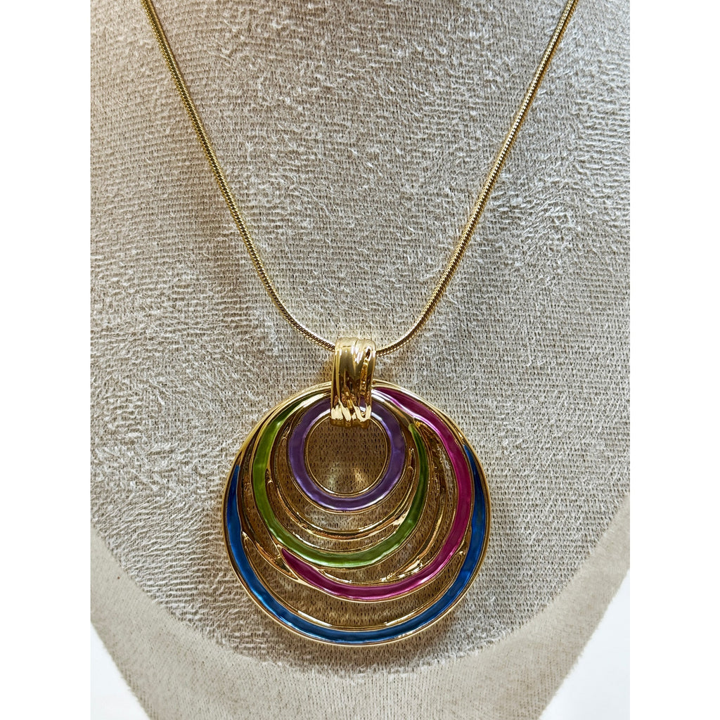 Modern Multicolor Circle Pendant Necklace Gold Tone Enamel  16-19" N364