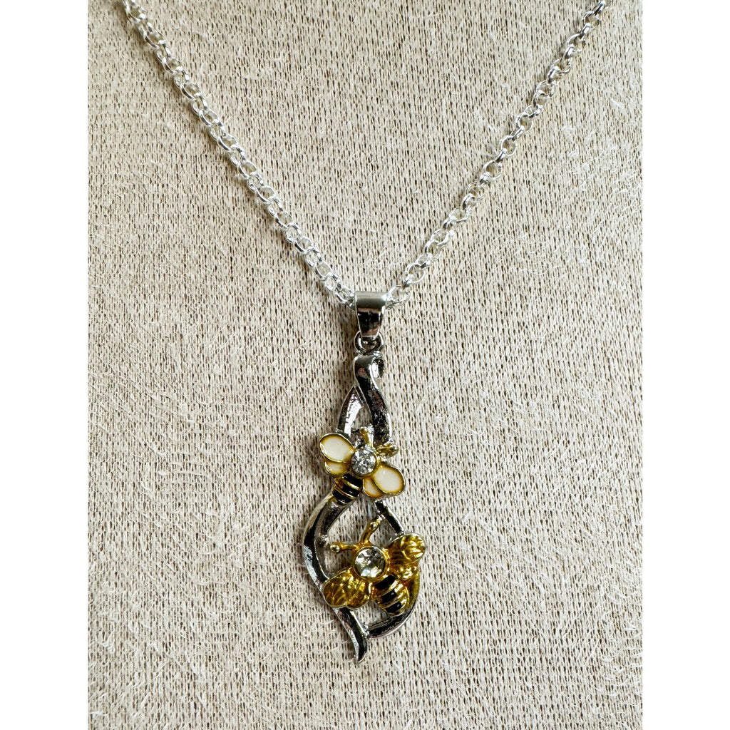 Bee Necklace Earrings Set 20" Chain Rhinestone Bee Floral Jewelry E567