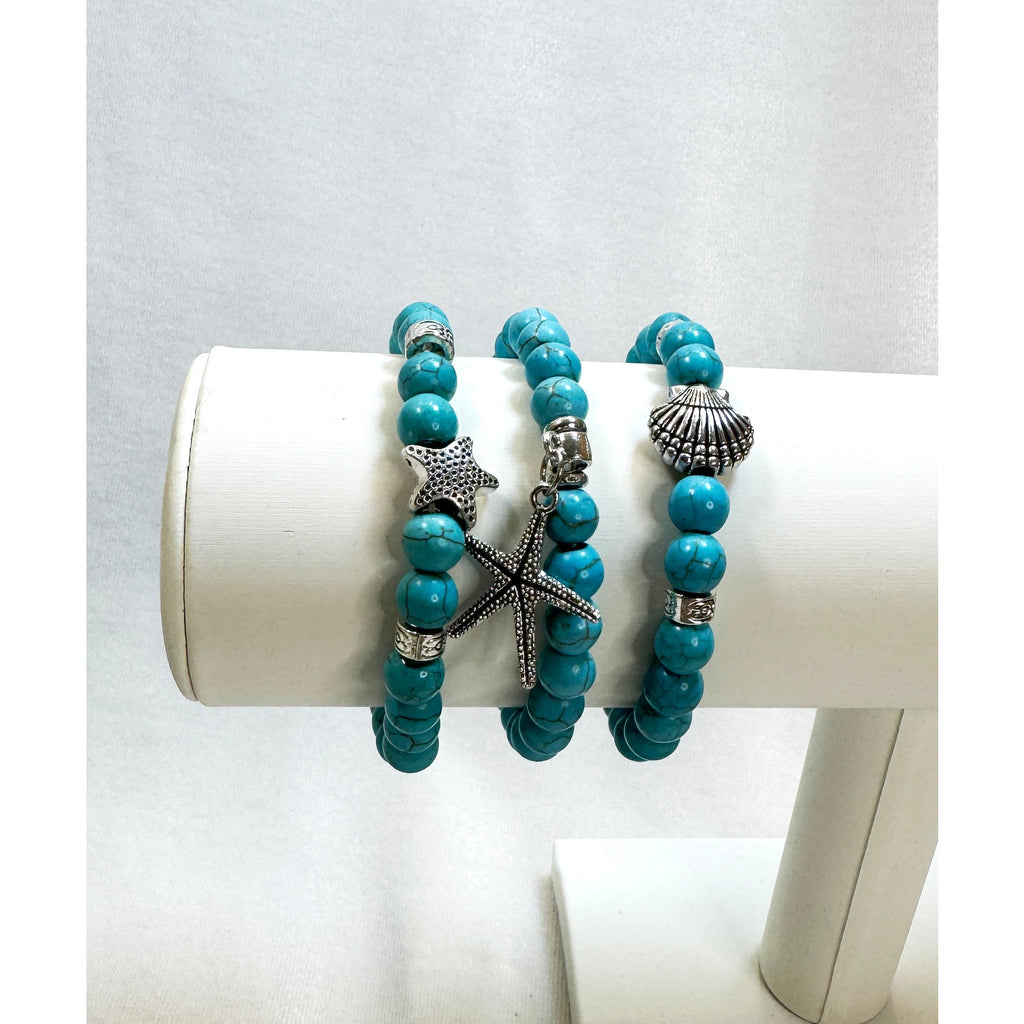 Set of 3 Turquoise Stretch Bracelets Starfish Shell Beach Charm Boho  B103
