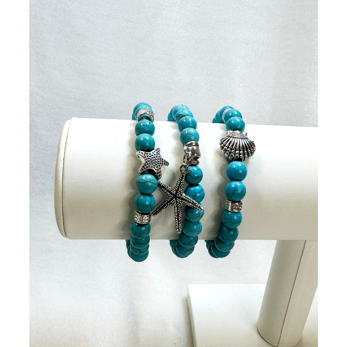 Set of 3 Turquoise Stretch Bracelets Starfish Shell Beach Charm Boho  B103